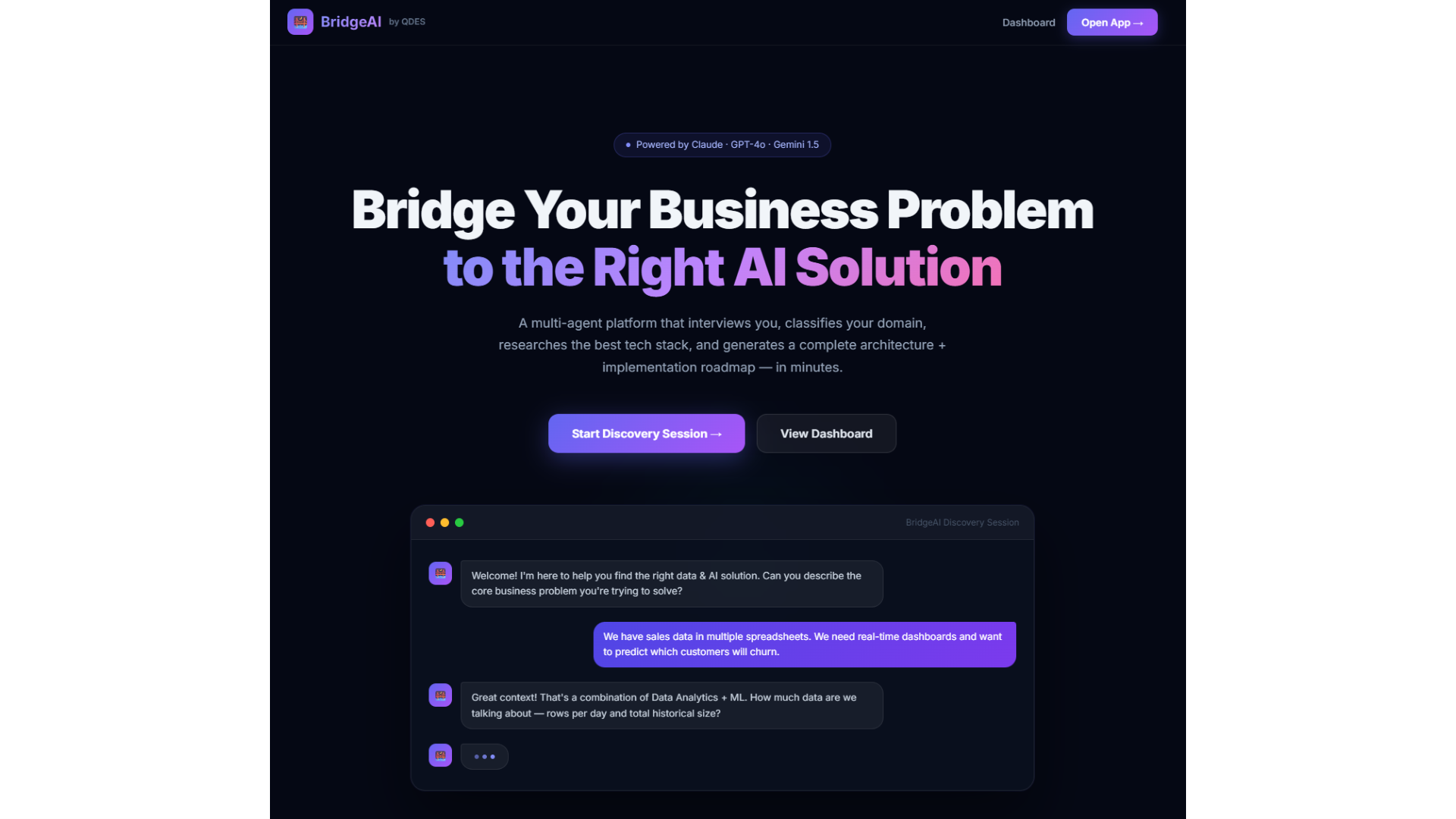 BridgeAI Platform preview showing solution architecture and roadmap capabilities
